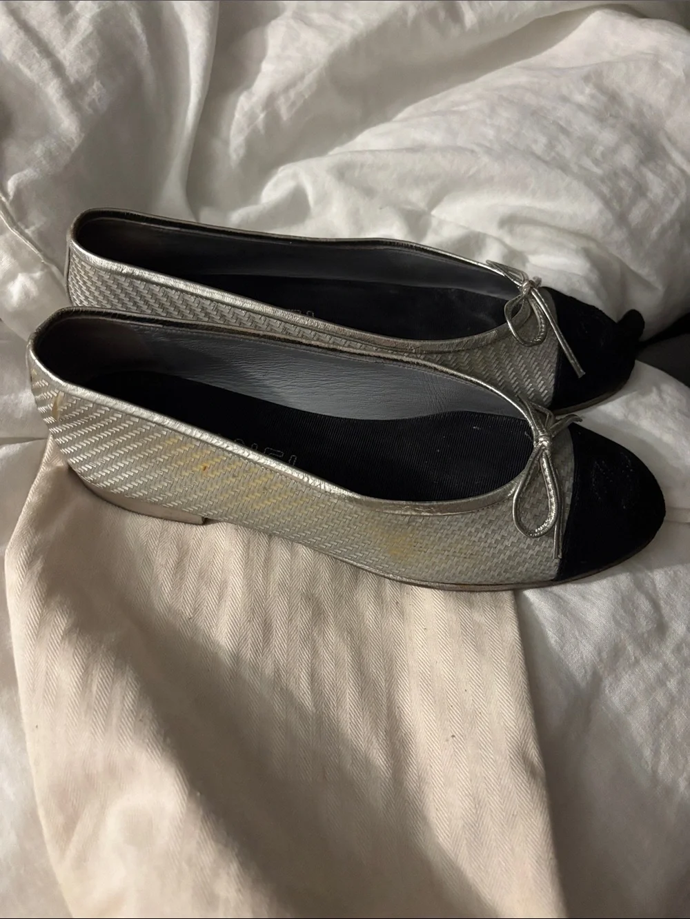 Chanel Silver and Black Ballet Flats
